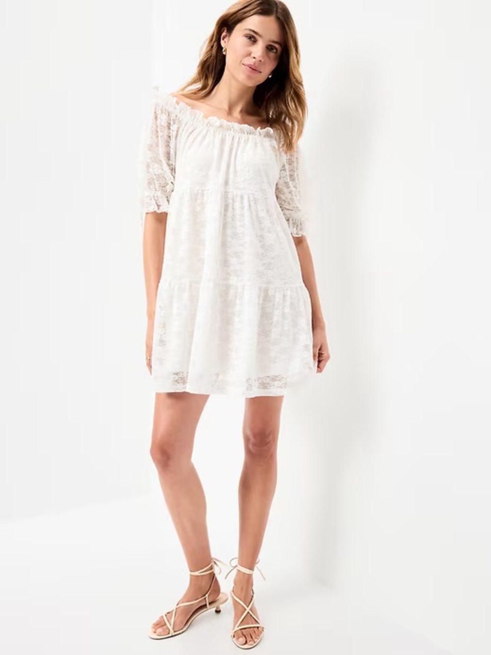 Mi White Lace Off-Shoulder Tiered Mini Dress
